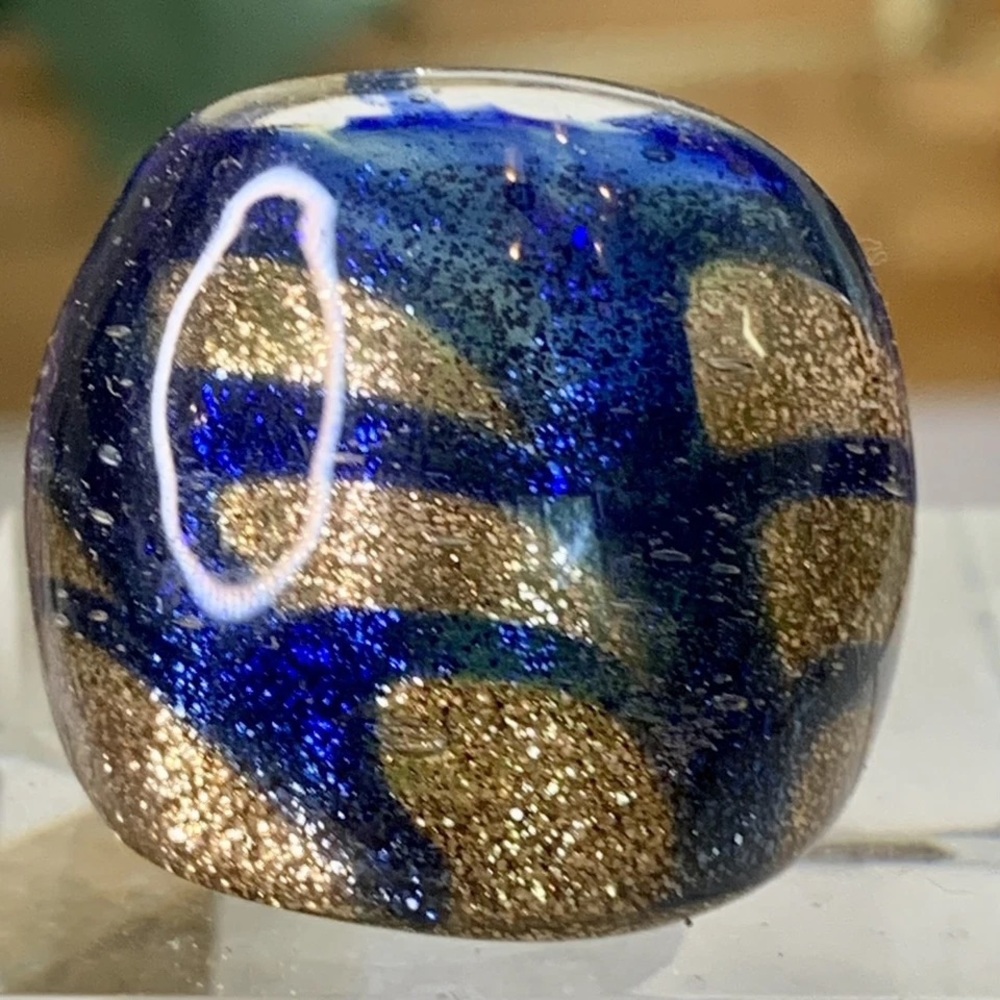 Vintage Murano Style Art Glass Hand Blown Cobalt Blue Gold Foil Dome Ring Size 7